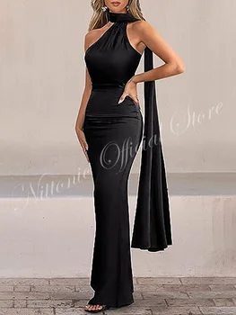 Elegantna Crna Večernja Haljina za Žene Bez Rukava, duga do poda od Satena 