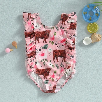 Dječji ljetni kupaći kostim za djevojčice 1-5 godina, bodi bez rukava s okruglog izreza i cvjetnim ispis u obliku krave, s рюшами, kupaći kostim za djevojčice, plaža odjeća za djevojčice