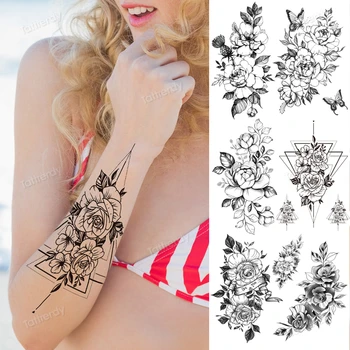 privremena tetovaža naljepnica cvijet ruža božur suncokreta leptir skica linije tetovaža dizajn velikog body-arta rukava bedro noge tetovaža