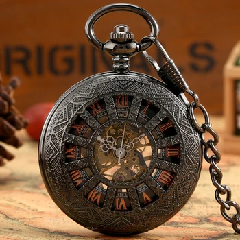 Starinski crni dizajn s šuplja čahurom Džepni sat s mehaničkim ručnim pogonom Gospodo privjesak lanac Brojčanik je sa rimskim brojevima Gospodo džepni sat