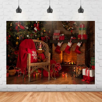 Božićno drvce kamin pozadina za fotografiranje Božićne čarape ukras zurke svjetla darove čarape foto von studio