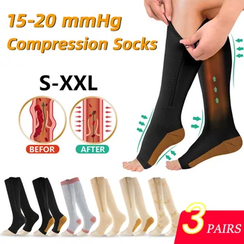 3 para / lot Kompresije čarapa na munje, podržavaju čarape do koljena 15-20 mm hg. žlice., Ženske, Muške čarape za biciklizma i trčanja s bakrenim vrhom, duge čarape, s otvorenim vrhom