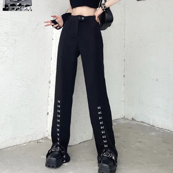 JMPRS, ženske crne hlače za high street, trendi ljetne hlače u gotičkom stilu s visokim strukom i rez, Slobodne ravne široke hlače Y2K, ženske hlače