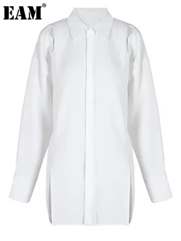 [EAM] Ženska Bijela Svakodnevni Bluzu S Prorezom, Nova Košulja Slobodnog Rezanje Dugih Rukava I Igle, Moderan Plima, Proljeće-Jesen 2024 7AB762