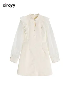 Haljina za žene Bijele Haljine s visokim strukom, ukrašen na dugim rukavima, жемчужным jacquard s urezima, Elegantnim vezom, Proljeće haljine 2023