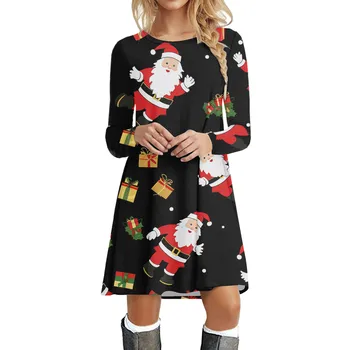 Donje jesensko-zimsko svakodnevno moderan haljinu-tuniku s božićnim po cijeloj površini, okrugli izrez, dugi rukav, haljina za konje