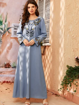 Abaja Dubai Indijski Arapski Muslimanski Islam Elegantna Dama Атласное Haljinu Plave Boje 2021 Eid Mubarak Vez Ogrtač Dug Джелаба Ženski Kaftan