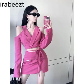 Komplet sa roze suknju Irabeezt, Običan Blazers s igle i gola ramena, Vrhovima, mini-suknje sa prorezom, Seksi setove od dva predmeta u Korejskom stilu, Ženska odjeća