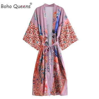 Boho Queens Fashion Women Crane S cvjetnim ispis, Богемное haljina-kimono s rukavima, 