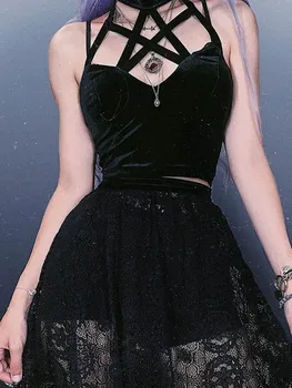 Seksi tamno-gotički ženske baršun majice s пентаграммой, vanjska odjeća, punk-crna облегающий prsluk bez naslona.