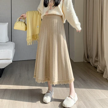 Вязаная suknja Midi, zima elastična suknja s visokim strukom, topla berba toplo francuski šik suknje s кисточками, odjeća u korejskom stilu, izravna dostava