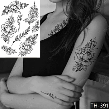 Seksi Crni Cvijet Ruže, ženska vodootporne Privremena tetovaža, Lišće Božur, Velike Radiouredaj Prati Lažni Naljepnica