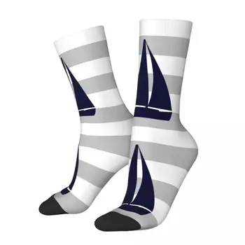 Sretan zabavne muške čarape svakodnevno sive boje u morskom stilu, tamno plava čarapa-jedrilicu, ženske čarape s скандинавским uzorkom, proljeće-ljeto, jesen-zima
