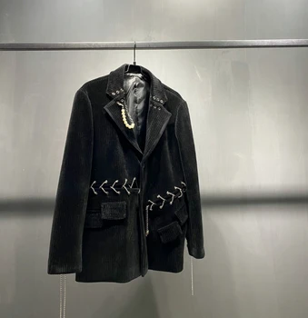 Crna вельветовый jaknu za teška industrija, slobodan odijelo s zračnog draperija, jesen i zima 2023, novo odijelo s lapels, top tide