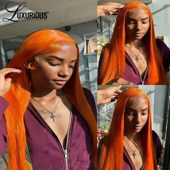 Duge ravne brazilski perike od ljudske kose za žene, narančasta perike od ljudske kose Remy 13x4 HD, prozirne čipke frontalni perika Omber